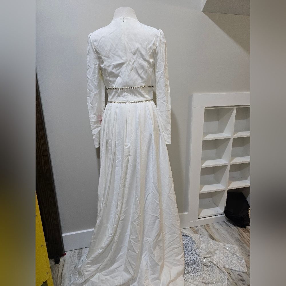MAC DUGGAL 55705 EMPIRE WAIST LONG SLEEVE PLEATED A-LINE Gown NWOT sz 6 White - Picture 5 of 7